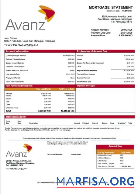 Realistic Nicaragua Banco Avanz mortgage statement Word and PDF template